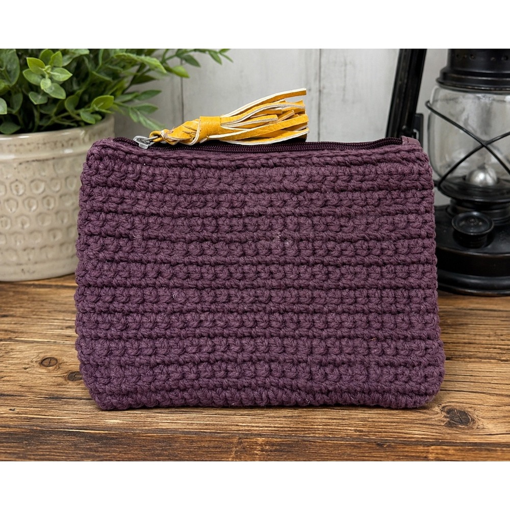 Aerie Purple Crochet & Faux Leather Zip Cosmetic Bag Makeup Pouch with Tassel